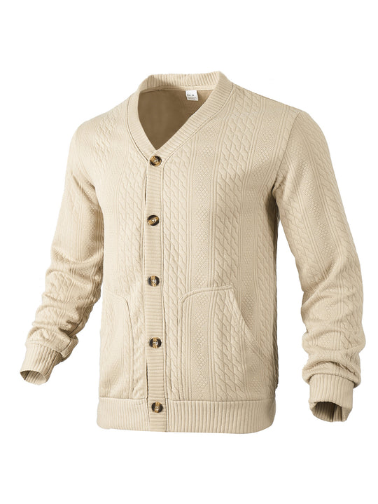 Herren nan eleganter Zopfstrickcardigan mit V-Ausschnitt Knopfleiste und aufgesetzten Taschen EB