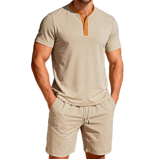 Herren nan maritimes Freizeit-Set mit feiner Wellenstruktur Stehkragenblende und Kordel-Shorts EB