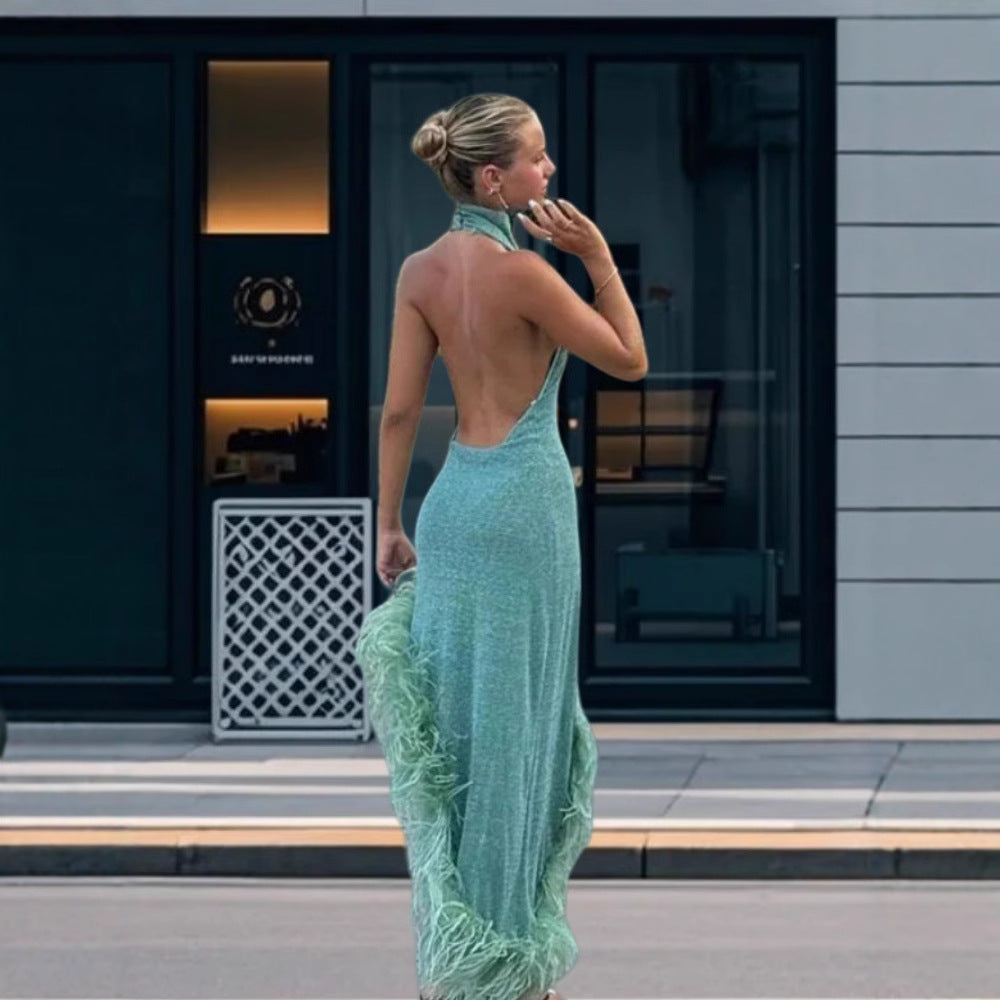 Damen Festliches Pailletten Abendkleid mit asymmetrischem Saum und Federdetails EB