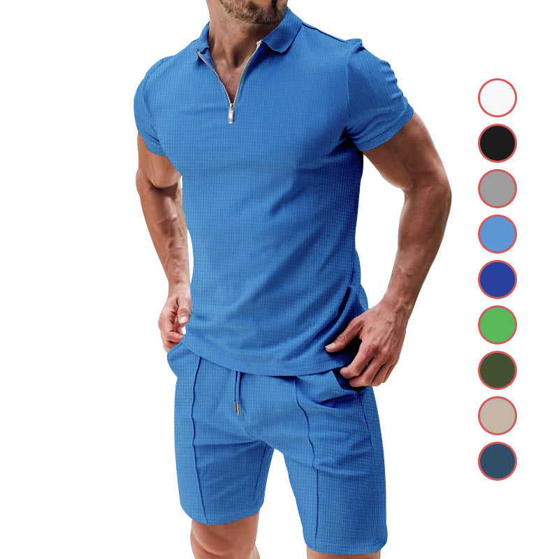 Herren nan sportives Poloshirt- und Chino-Shorts-Set mit halbem Reißverschluss, strukturiertem Jersey und dezenter Bügelfalte EB