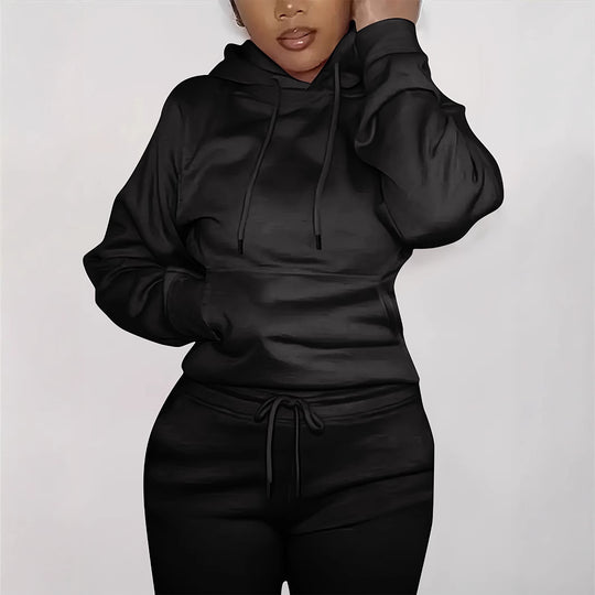 Damen nan figurbetontes Hoodie-und Taillenrock-Set mit Kängurutasche und Tunnelzug EB