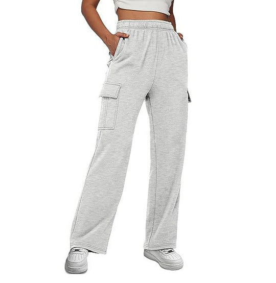 Damen nan lässige Cargo-Freizeithose mit weitem Bein elastischem Bund und aufgesetzten Taschen EB