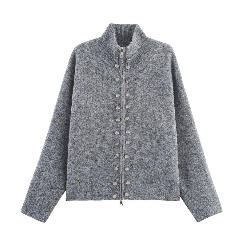 Damen modischer Strickpullover mit stilvollem Reißverschluss und dekorativen Knöpfen EB
