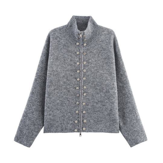 Damen modischer Strickpullover mit stilvollem Reißverschluss und dekorativen Knöpfen EB