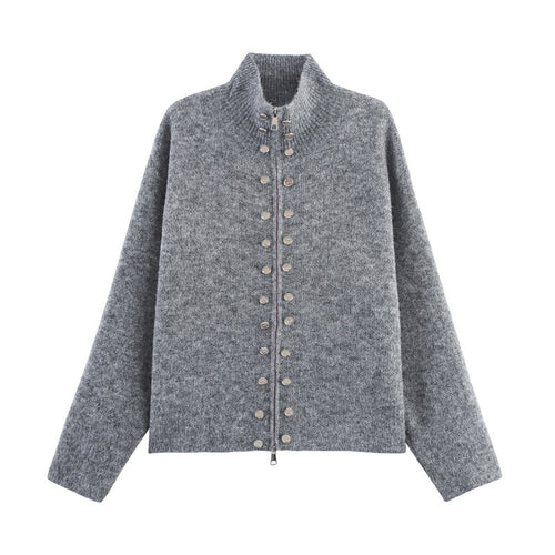 Damen modischer Strickpullover mit stilvollem Reißverschluss und dekorativen Knöpfen EB