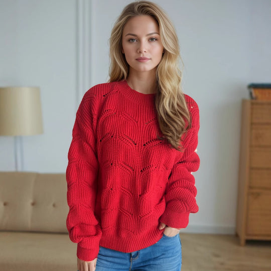 Damen Grobstrickpullover mit romantischem Zopfmuster und weit geschnittenen Ärmeln EB