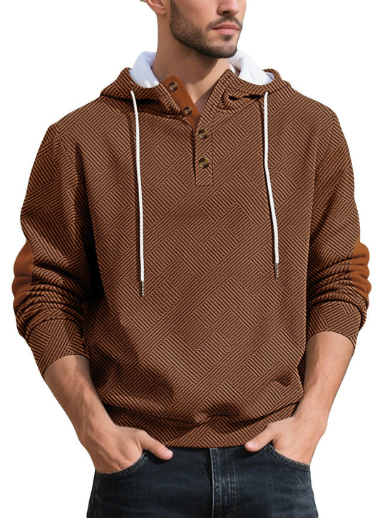 Herren nan strukturierter Kapuzen-Henley-Pullover mit Jacquardstruktur, Knopfleiste und Ellenbogenpatches EB