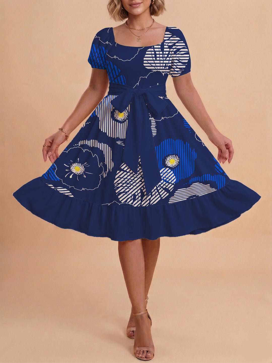 Damen A-Linien-Kleid mit floralen Motiven und taillierbarem Gürtel EB