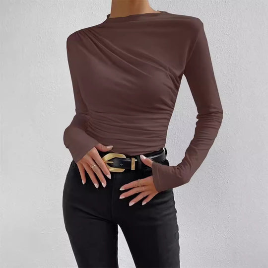 Damen nan gerafftes Langarmshirt mit asymmetrischem U-Boot-Ausschnitt und figurbetonter Silhouette EB