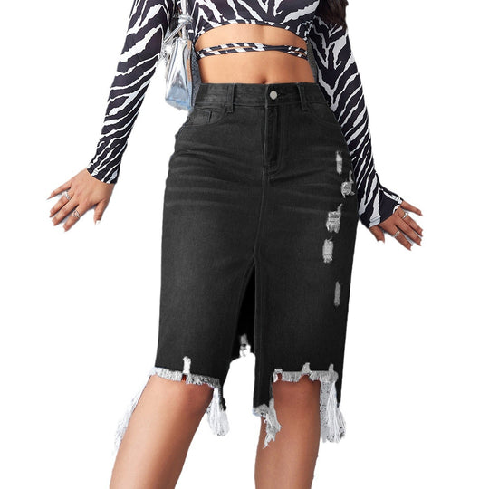Damen Jeansrock mit hohem Schlitz und lässigem Fransensaum EB
