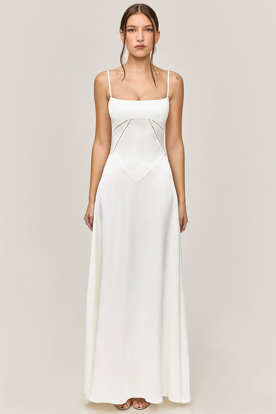 Damen Elegantes Maxikleid mit schmalen Spaghettiträgern und fließendem Satinfall EB