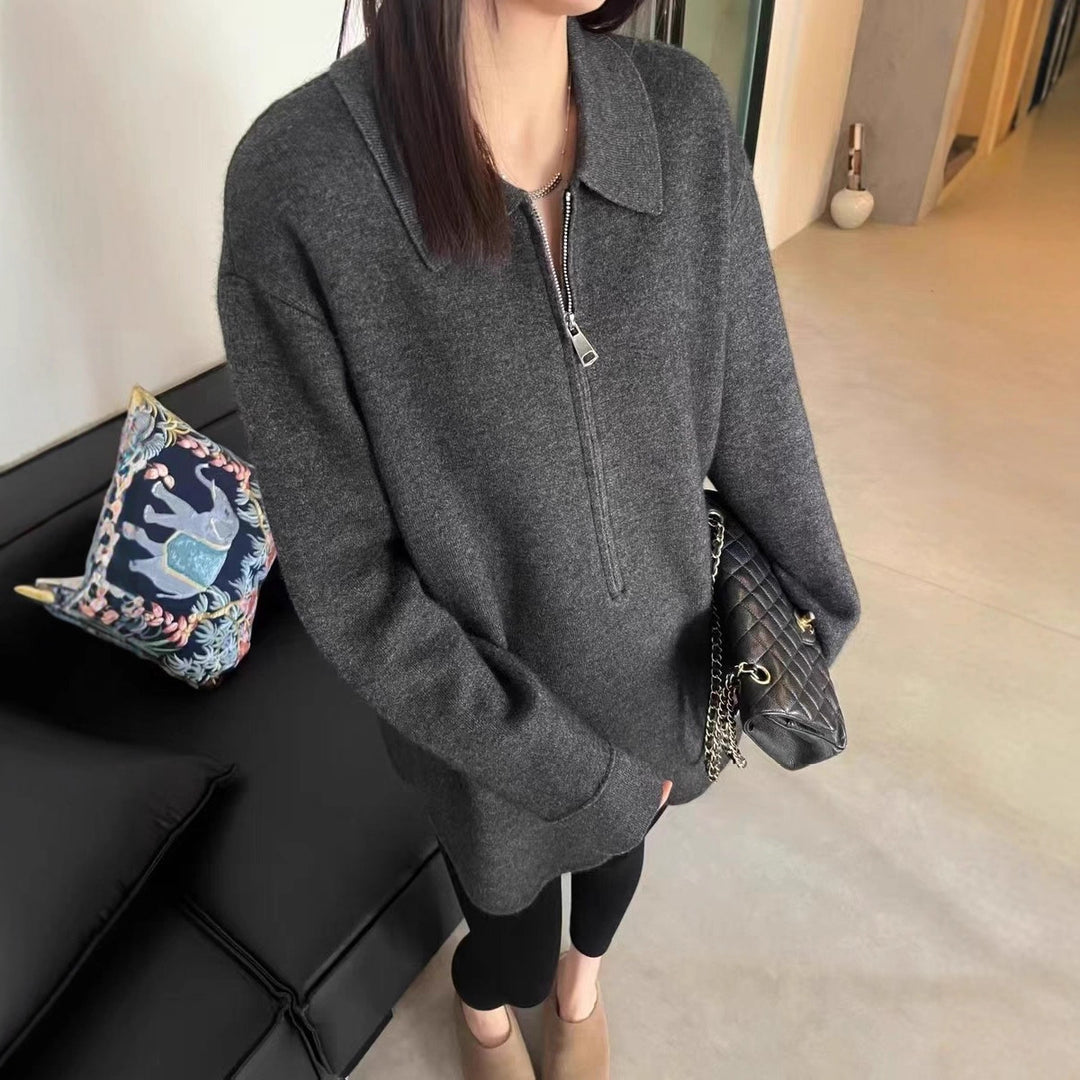 Damen Modischer Pullover mit Reißverschluss und Kragen EB