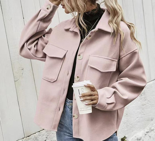 Damen Modische Oversized-Jacke mit Taschen und Knopfverschluss EB
