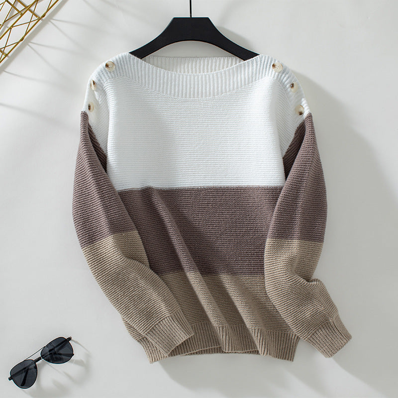 Damen modischer Strickpullover mit dekorativen Knopfdetails und Blockstreifen EB