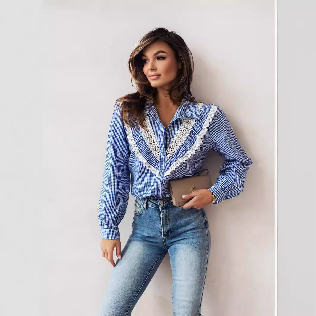 Damen Bluse mit raffinierten Spitzenakzenten und karierter Gestaltung EB