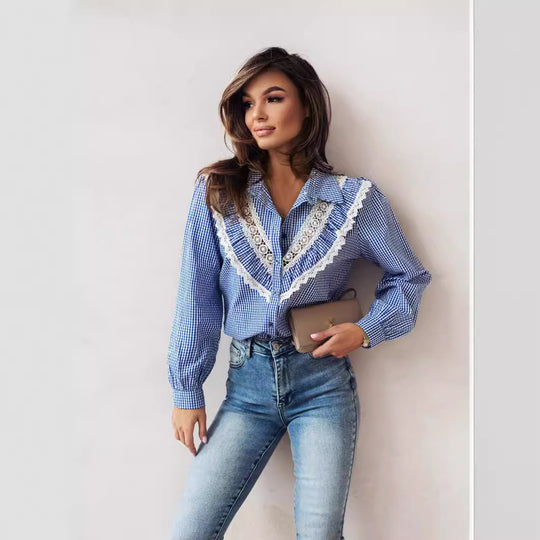 Damen Bluse mit raffinierten Spitzenakzenten und karierter Gestaltung EB