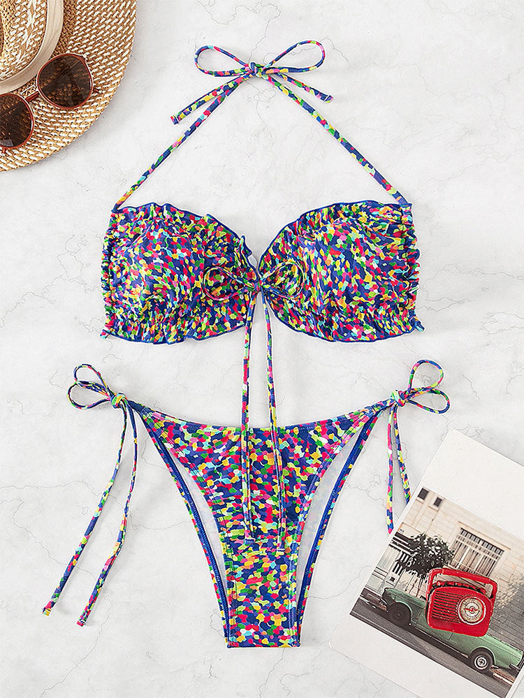 Damen Bikini mit sexy hoch geschnittenem Slip und buntem Design EB