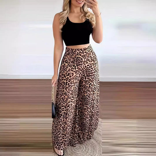 Damen weite Palazzohosen mit Leopardenmuster EB