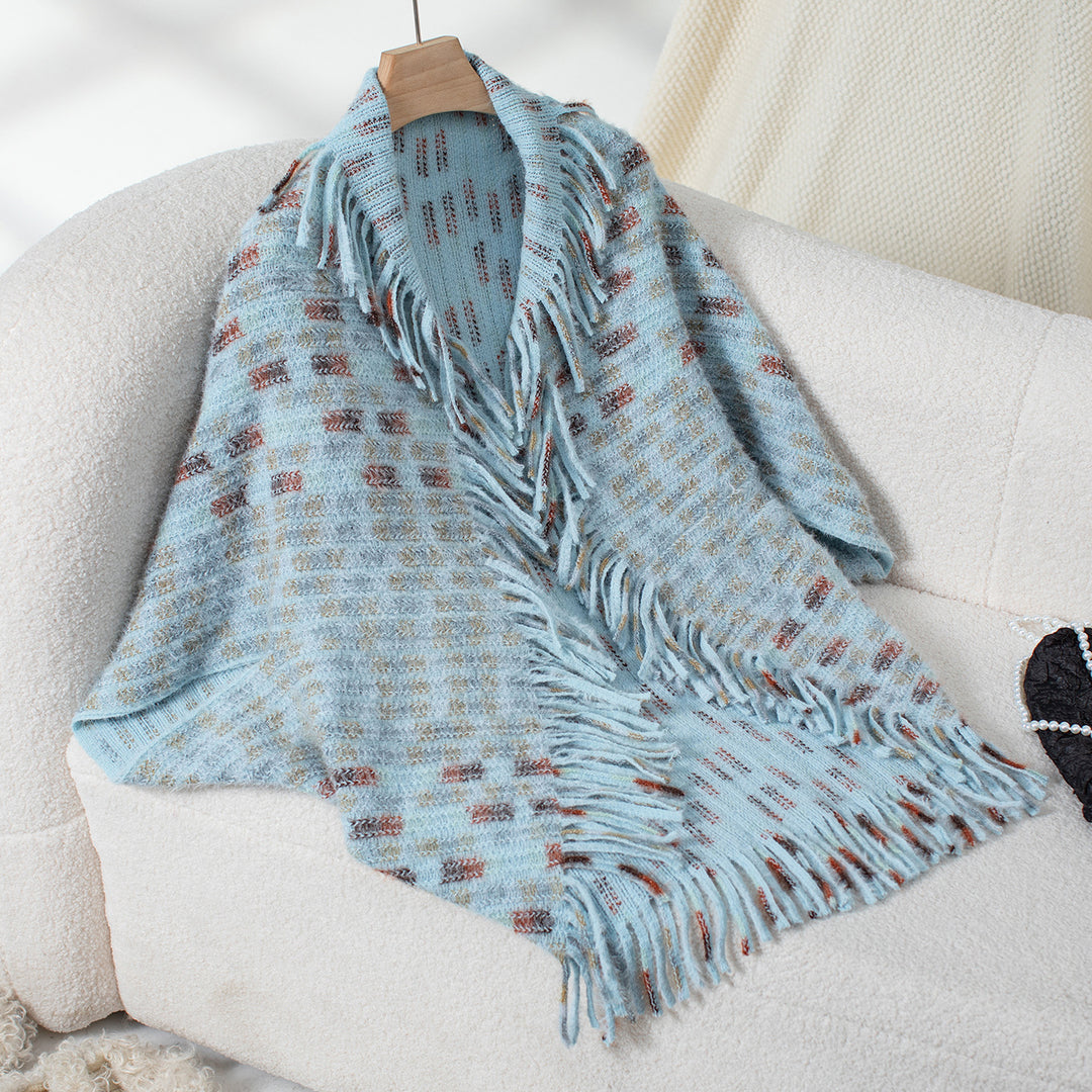 Damen eleganter Poncho mit fransigen Details und modernem Karomuster EB