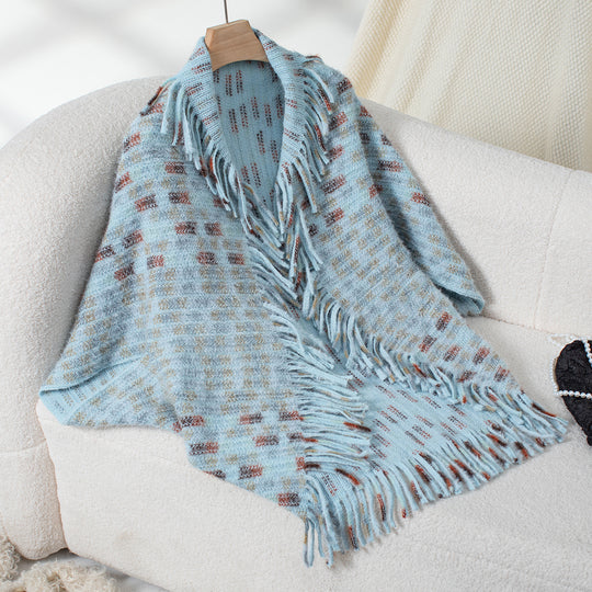Damen eleganter Poncho mit fransigen Details und modernem Karomuster EB