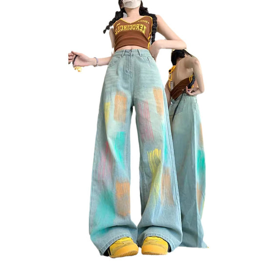 Damen Weit geschnittene Jeans mit modischem Farbspiel und hoher Taille EB