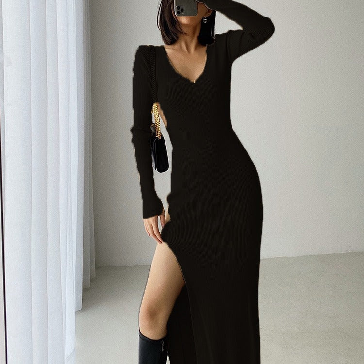 Damen Maxikleid mit elegantem V-Ausschnitt und seitlichem Schlitz EB