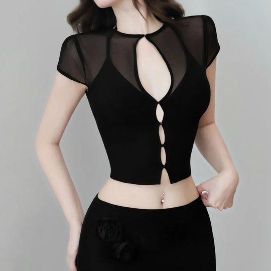 Damen Mesh-Oberteil mit dekorativem Bindeband EB