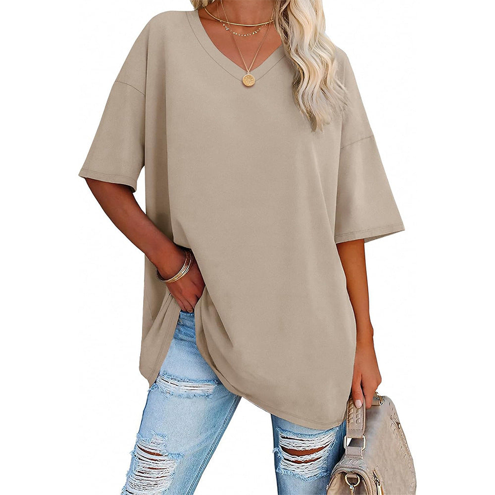 Damen Oversized T-Shirt mit V-Ausschnitt und seitlichen Schlitzen EB