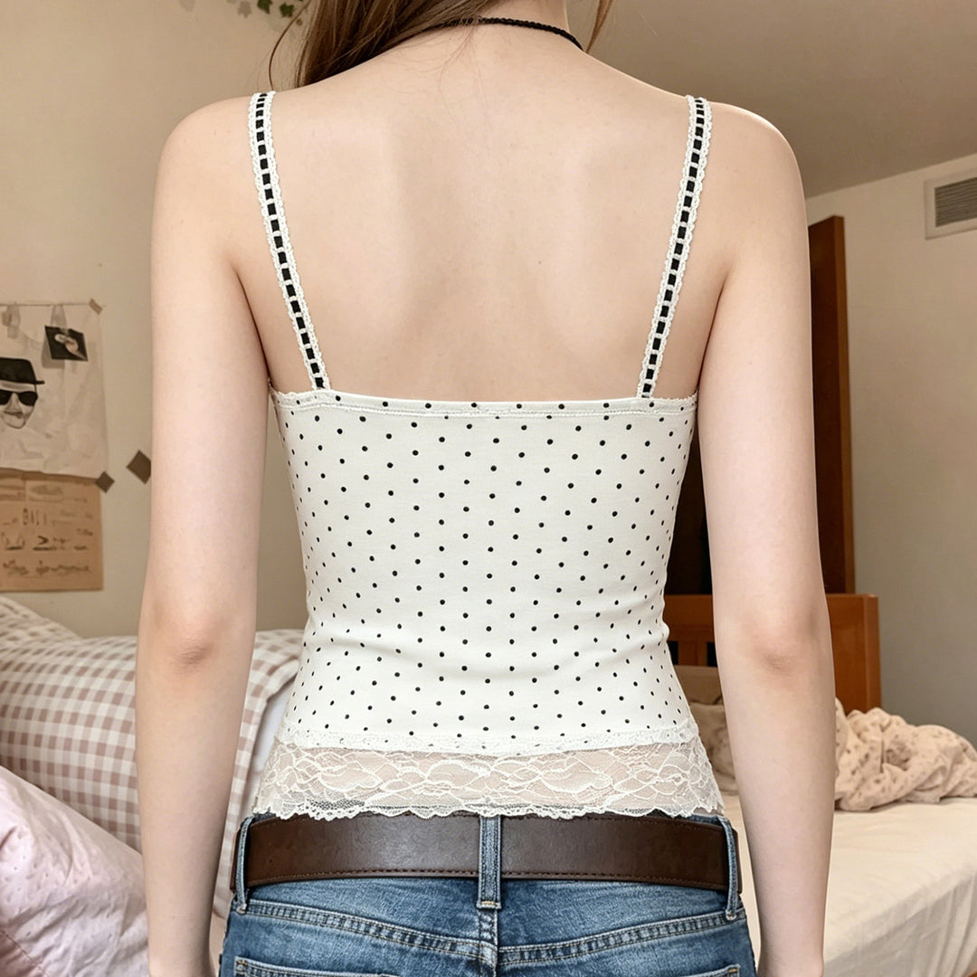 Damen Spaghetti-Trägertop mit floralen Spitzenakzenten und Polka-Punkten EB