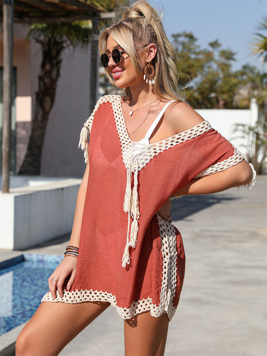 Damen elegante Häkel-Strandtunika mit fransigen Details EB