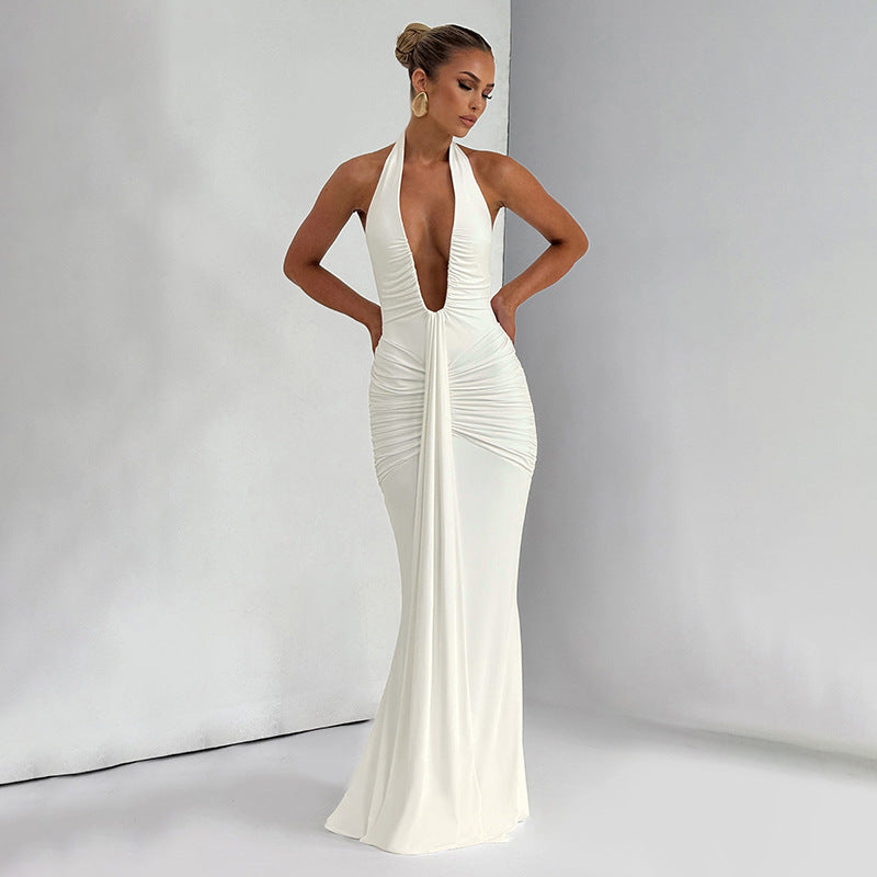 Damen Elegantes Maxi-Kleid mit tiefem V-Ausschnitt und Rüschendetails EB