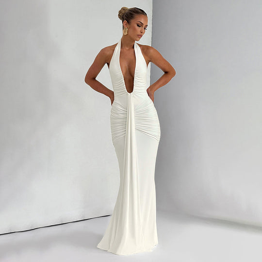 Damen Elegantes Maxi-Kleid mit tiefem V-Ausschnitt und Rüschendetails EB
