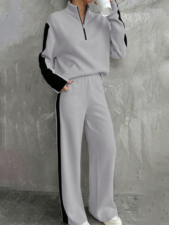 Damen nan lässiges Jogginganzug-Set mit Halbzip, elastischer Bund und seitlichen Kontraststreifen EB