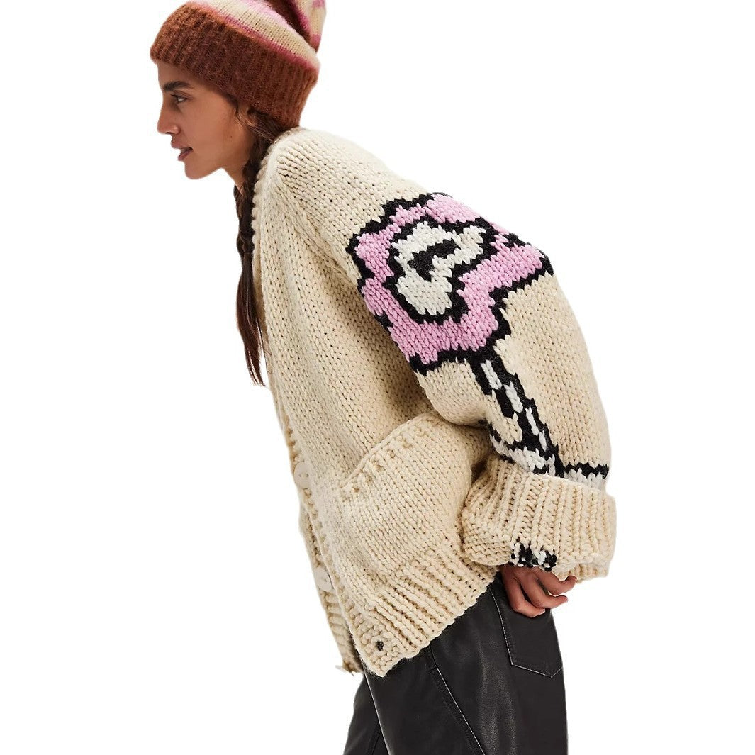 Damen Oversized Grobstrick-Cardigan mit Schalkragen, Blumenintarsien & Knopfleiste EB