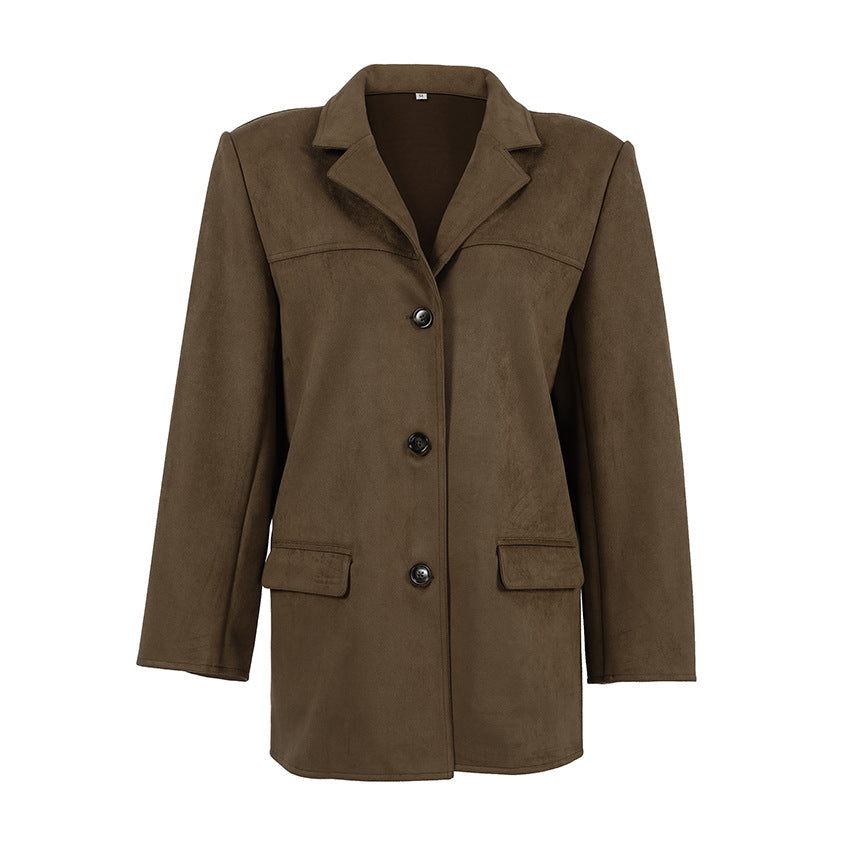Damen Modische Wildlederjacke im Oversized-Schnitt mit klassischem Kragen und praktischen Taschen EB