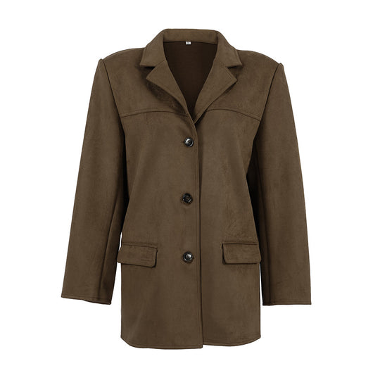 Damen Modische Wildlederjacke im Oversized-Schnitt mit klassischem Kragen und praktischen Taschen EB