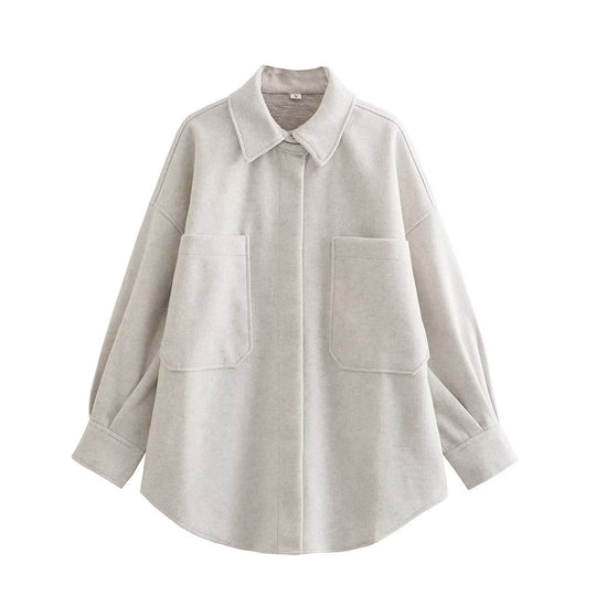Damen Oversized Hemdjacke aus hochwertigem Wollmix mit praktischen Taschen EB