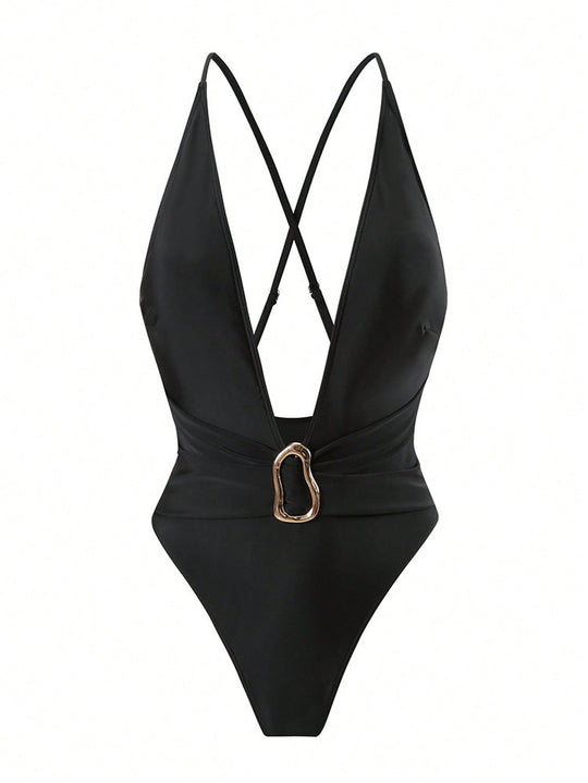 Damen Einteiliges Badeanzug mit tiefem V-Ausschnitt und elegantem Gold-Detail EB