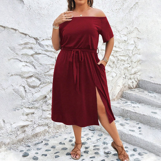 Damen Off-Shoulder Maxikleid mit eleganter Drapierung und seitlichem Schlitz EB