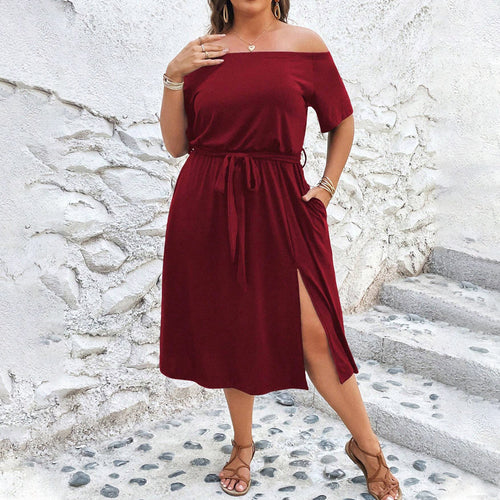 Damen Off-Shoulder Maxikleid mit eleganter Drapierung und seitlichem Schlitz EB