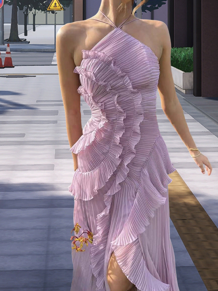 Damen Elegantes Wickelkleid mit plissierten Rüschen und asymmetrischem Saum EB