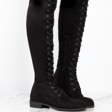 Damen Overkneestiefel aus weichem Wildleder mit dekorativem Schnür-Design EB