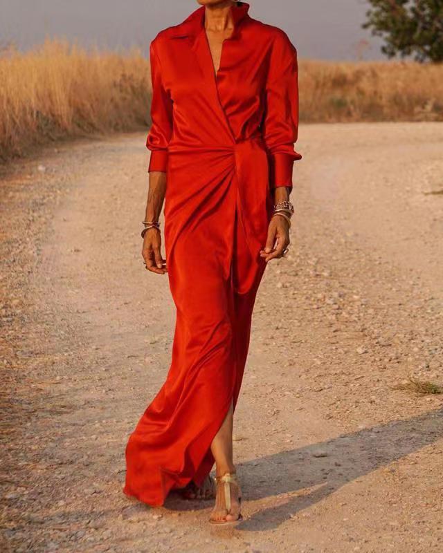 Damen Elegantes Wickel-Maxi-Kleid mit vielseitigem Kragen und seitlichem Schlitz EB