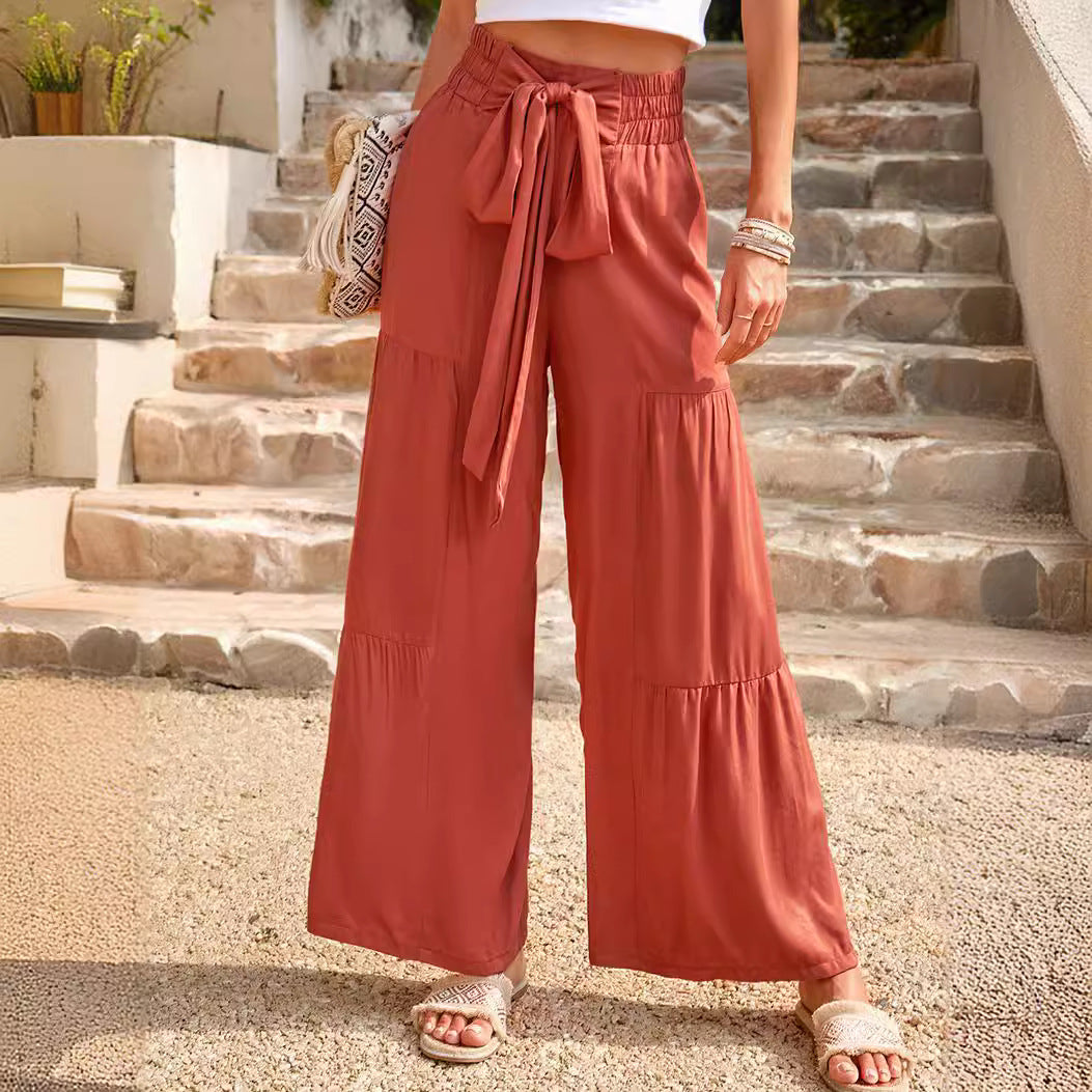 Damen weite Palazzo-Hose mit Paperbag-Bund, Stufendesign und Bindegürtel EB