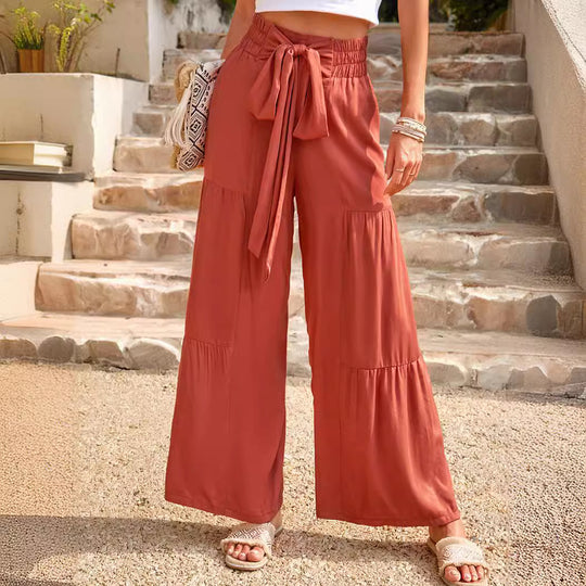 Damen weite Palazzo-Hose mit Paperbag-Bund, Stufendesign und Bindegürtel EB