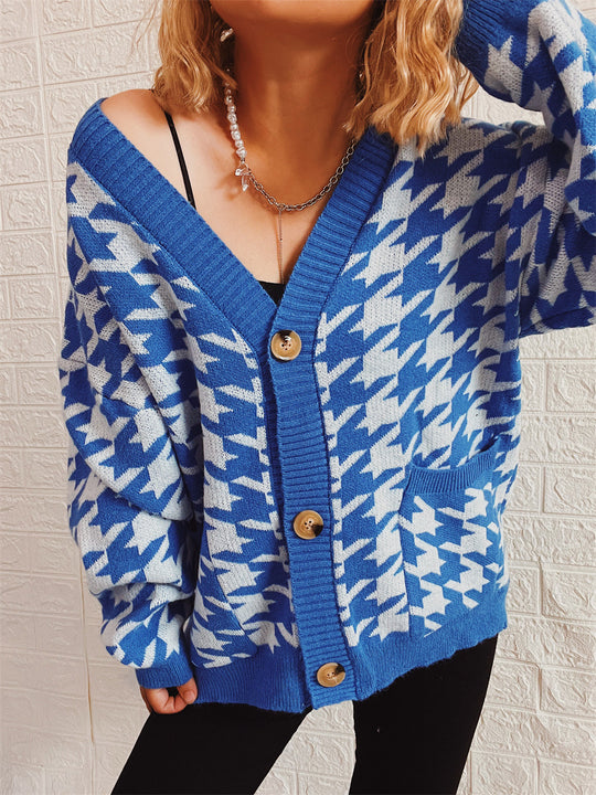 Damen gemütlicher Strickcardigan mit modernen Hahnentrittmuster und Knopfdetails EB