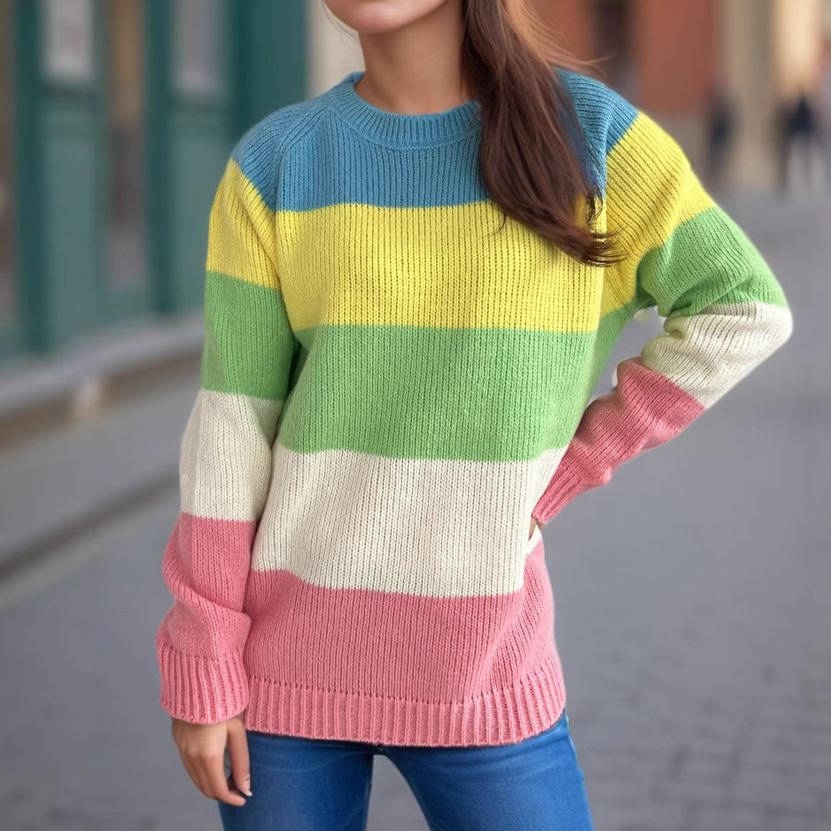 Damen lässiger Strickpullover mit bunten Blockstreifen und weitem Schnitt EB