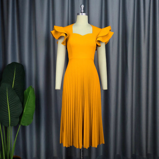 Damen plissiertes Maxikleid mit eleganten Rüschendetails EB
