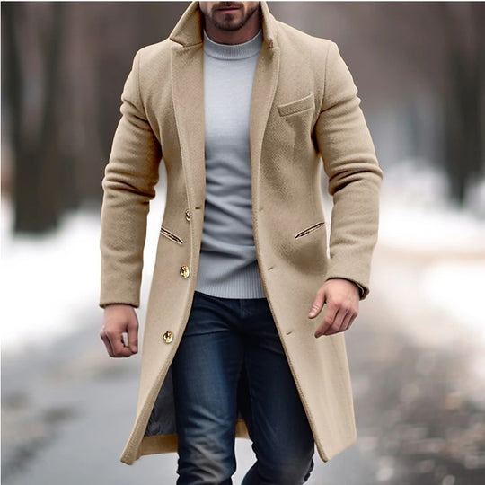 Herren eleganter langes Wollmantel mit schmalem Schnitt und goldenen Knöpfen EB