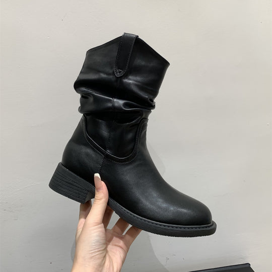 Damen modische Stiefel mit gerafftem Schaft und bequemem Blockabsatz EB